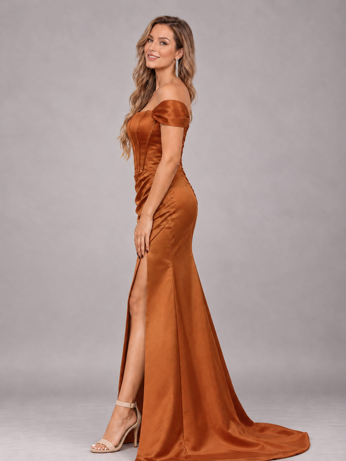 Burnt Orange Elegant Mermaid Off The Shoulder Bridesmaid Dress with Slit