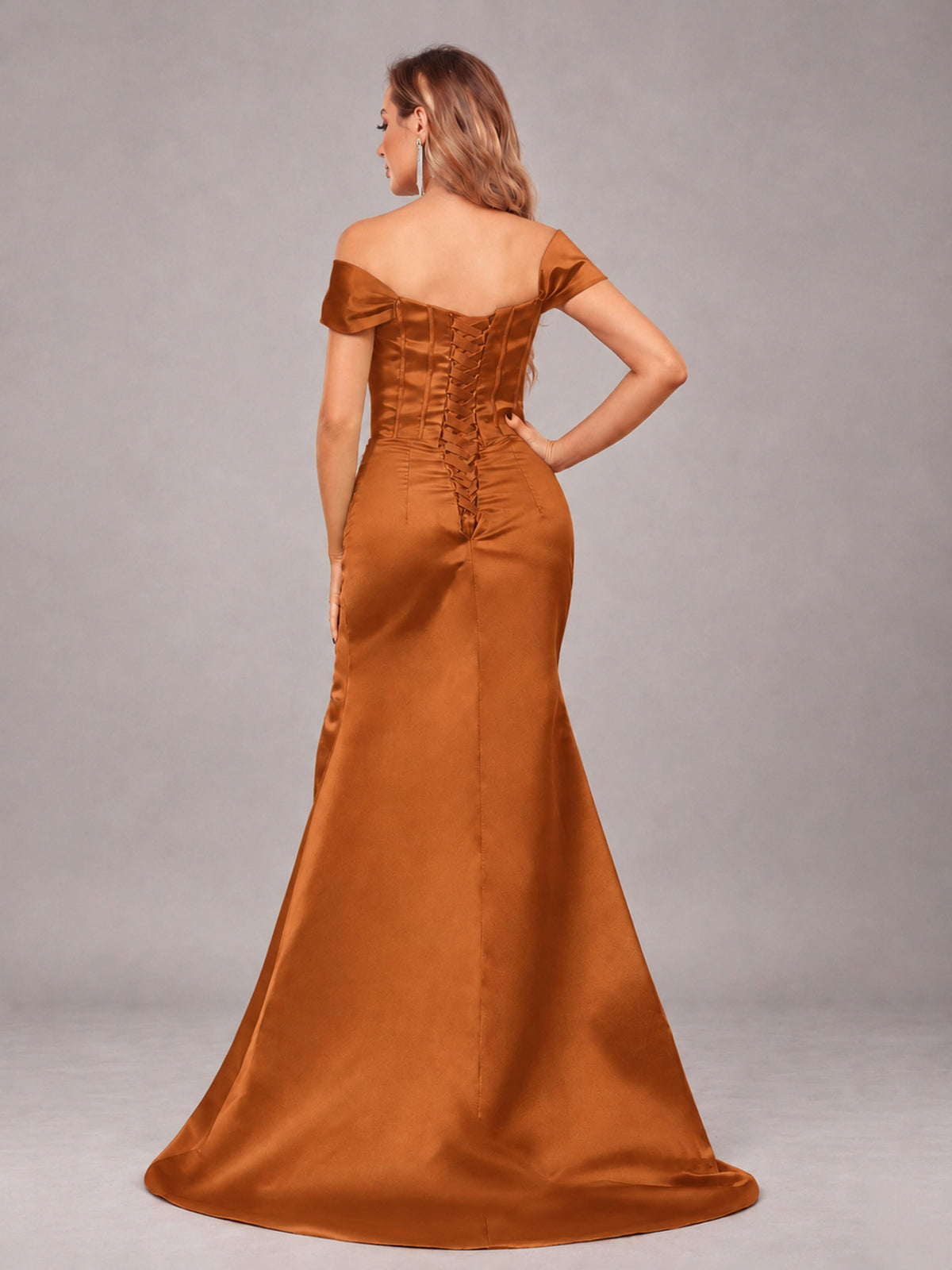 Burnt Orange Elegant Mermaid Off The Shoulder Bridesmaid Dress with Slit