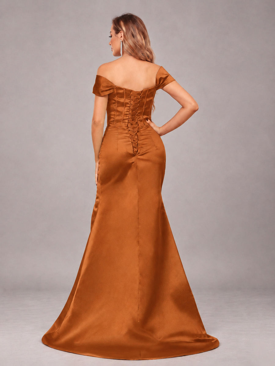 Burnt Orange Elegant Mermaid Off The Shoulder Bridesmaid Dress with Slit