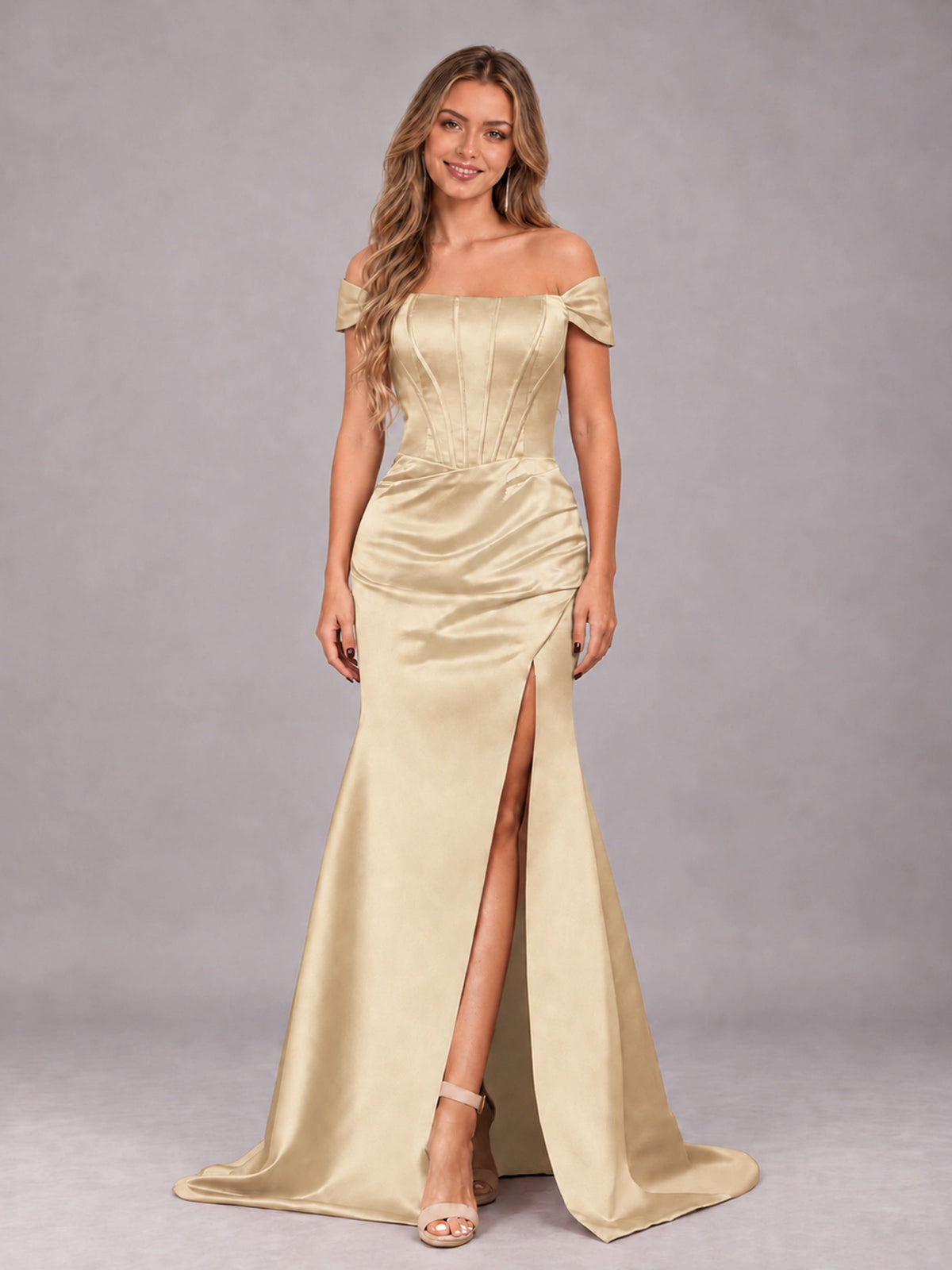 Champagne Elegant Mermaid Off The Shoulder Bridesmaid Dress with Slit