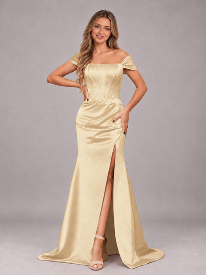 Champagne Elegant Mermaid Off The Shoulder Bridesmaid Dress with Slit