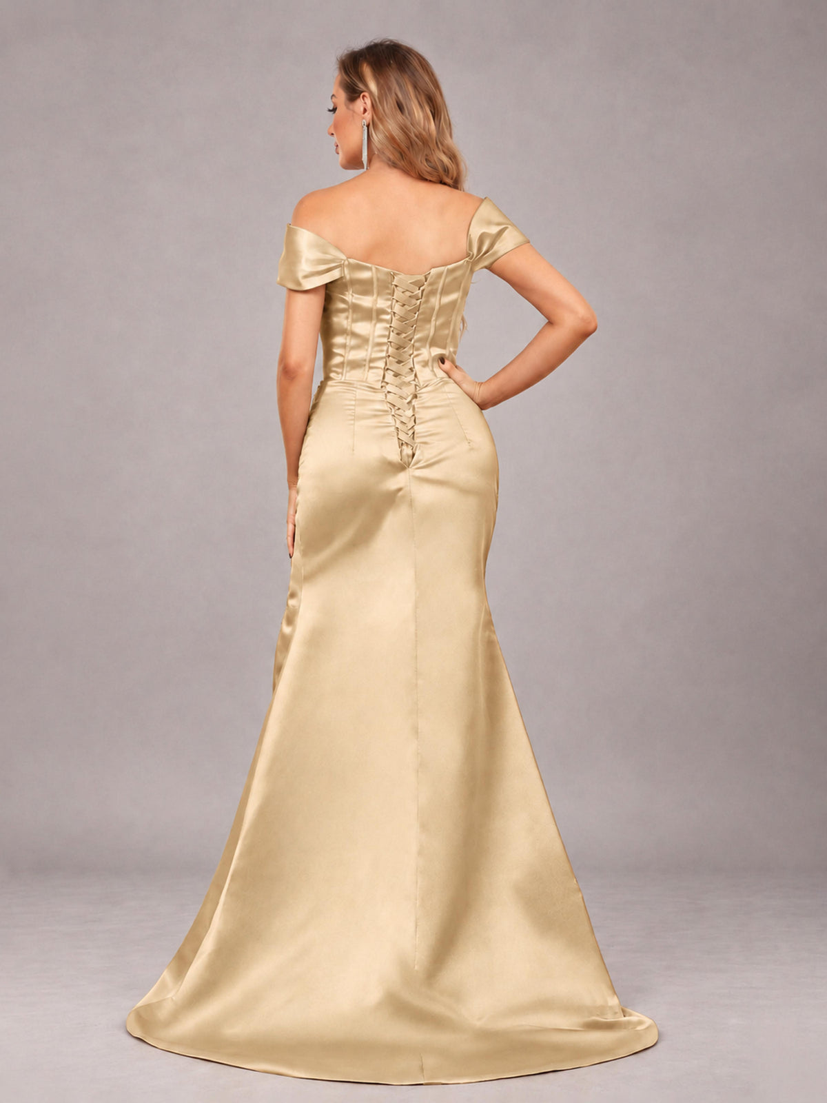Champagne Elegant Mermaid Off The Shoulder Bridesmaid Dress with Slit