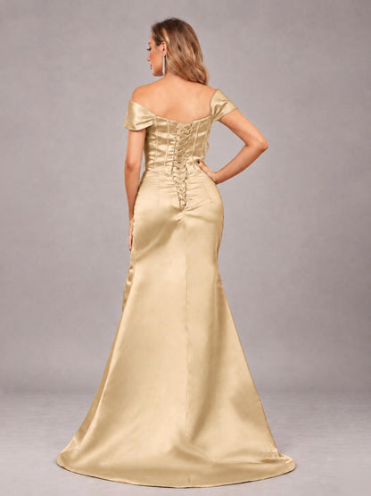 Champagne Elegant Mermaid Off The Shoulder Bridesmaid Dress with Slit