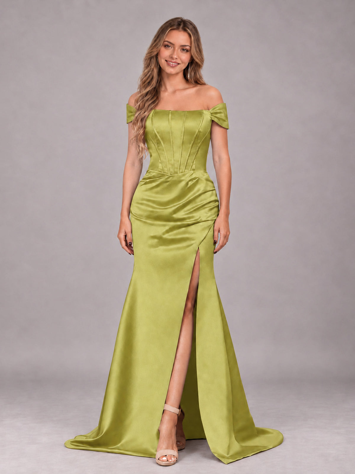 Chartreuse Elegant Mermaid Off The Shoulder Bridesmaid Dress with Slit