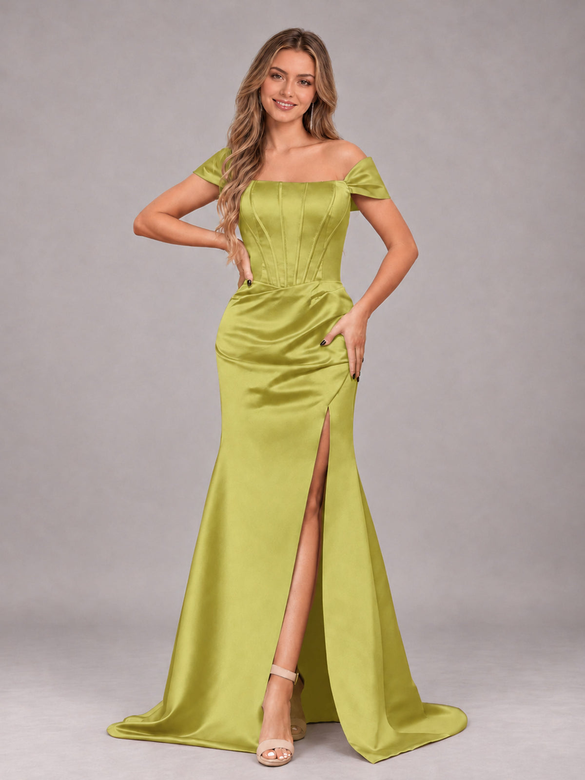 Chartreuse Elegant Mermaid Off The Shoulder Bridesmaid Dress with Slit