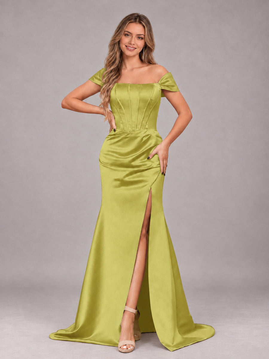 Chartreuse Elegant Mermaid Off The Shoulder Bridesmaid Dress with Slit