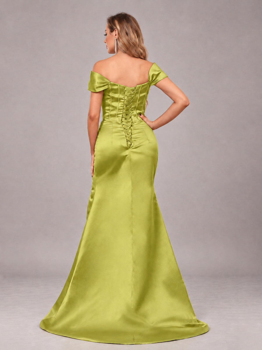 Chartreuse Elegant Mermaid Off The Shoulder Bridesmaid Dress with Slit