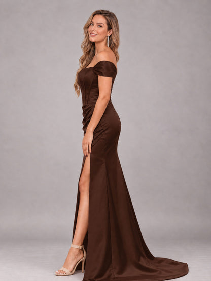 Chocolate Elegant Mermaid Off The Shoulder Bridesmaid Dress with Slit