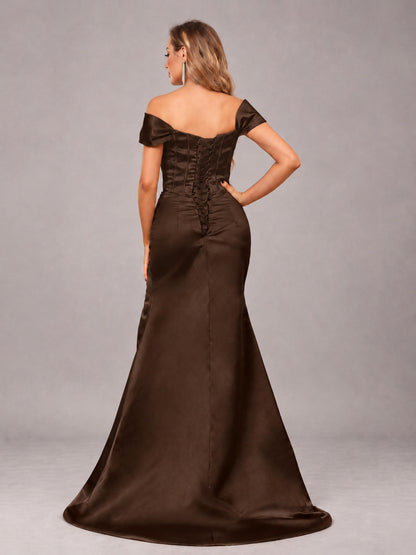 Chocolate Elegant Mermaid Off The Shoulder Bridesmaid Dress with Slit