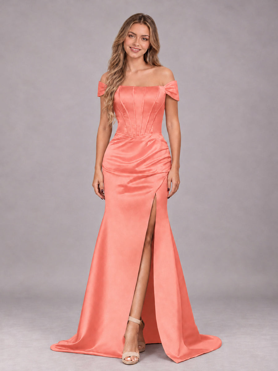 Coral Elegant Mermaid Off The Shoulder Bridesmaid Dress with Slit