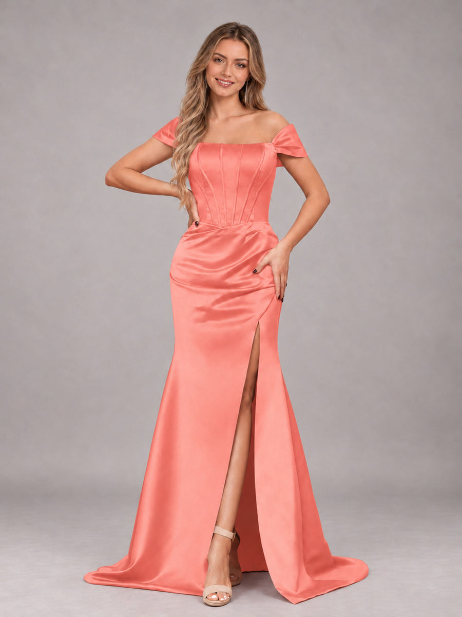 Coral Elegant Mermaid Off The Shoulder Bridesmaid Dress with Slit