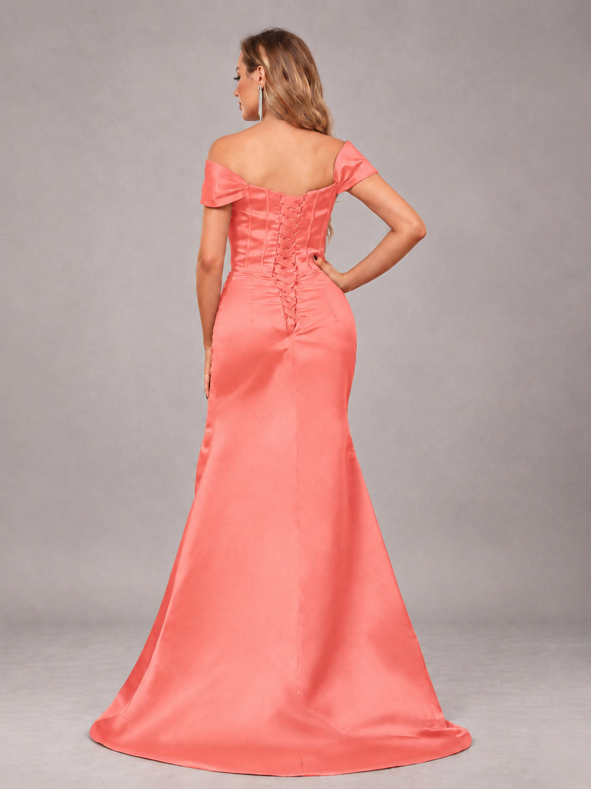 Coral Elegant Mermaid Off The Shoulder Bridesmaid Dress with Slit