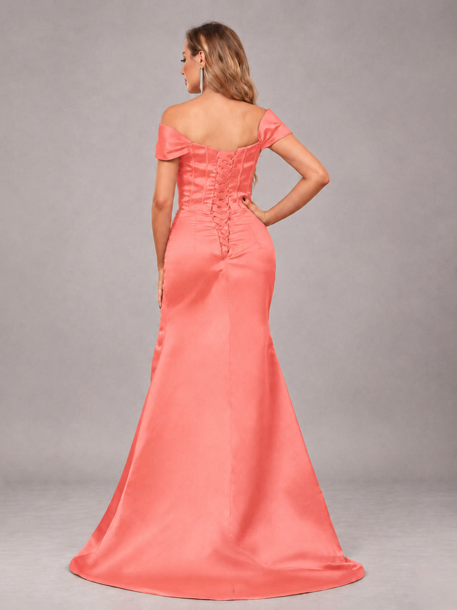 Coral Elegant Mermaid Off The Shoulder Bridesmaid Dress with Slit