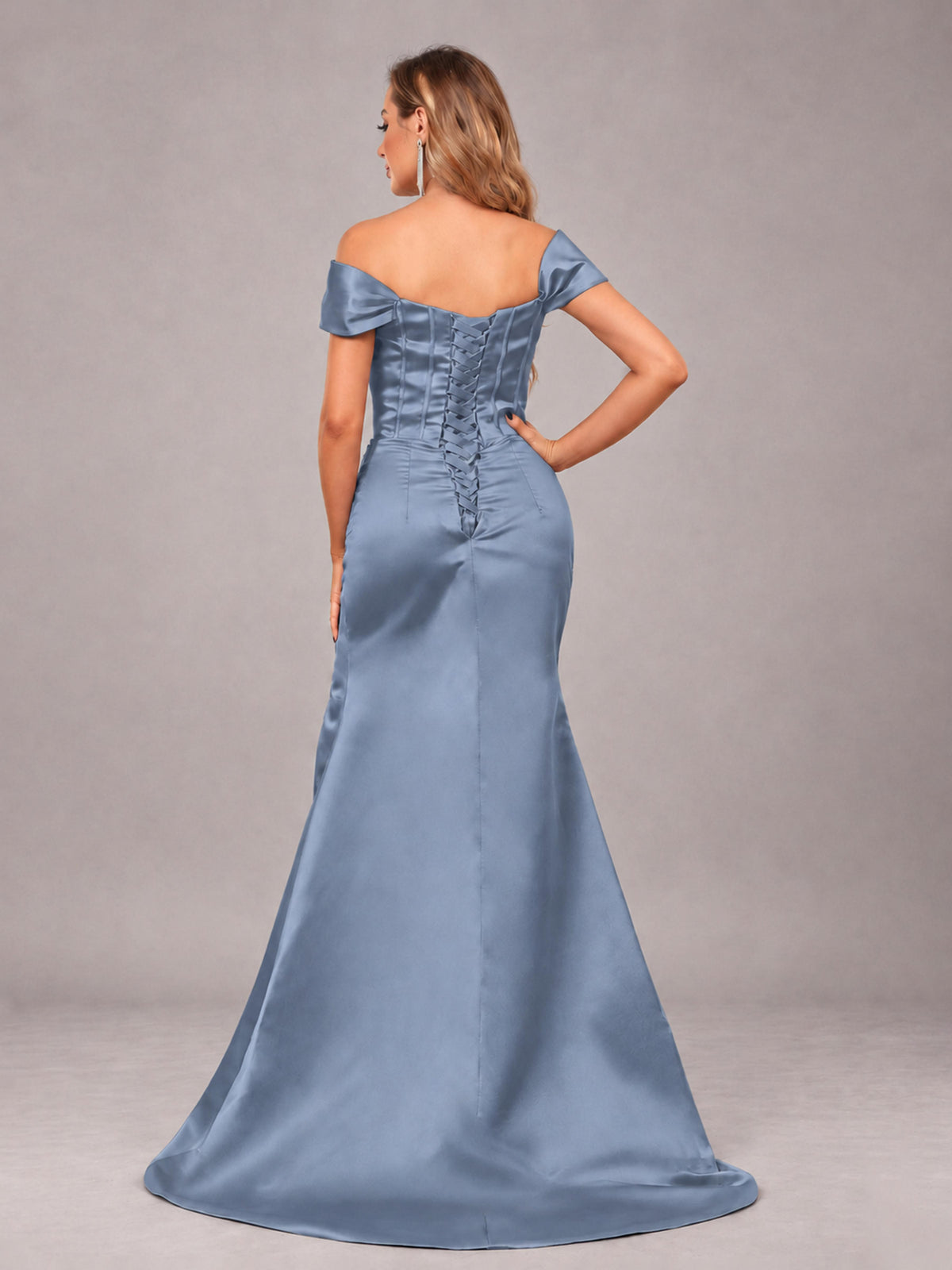 Dusty Blue Elegant Mermaid Off The Shoulder Bridesmaid Dress with Slit
