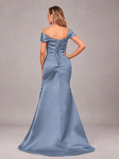 Dusty Blue Elegant Mermaid Off The Shoulder Bridesmaid Dress with Slit