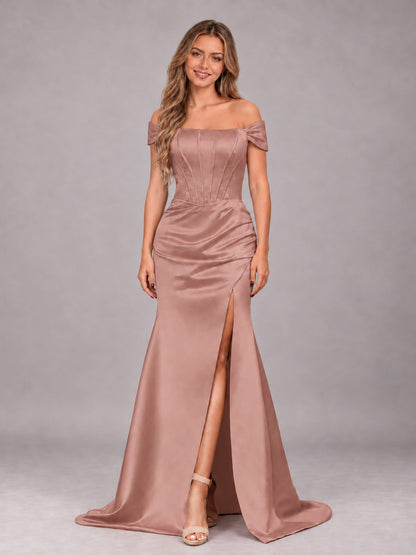 Dusty Rose Elegant Mermaid Off The Shoulder Bridesmaid Dress with Slit