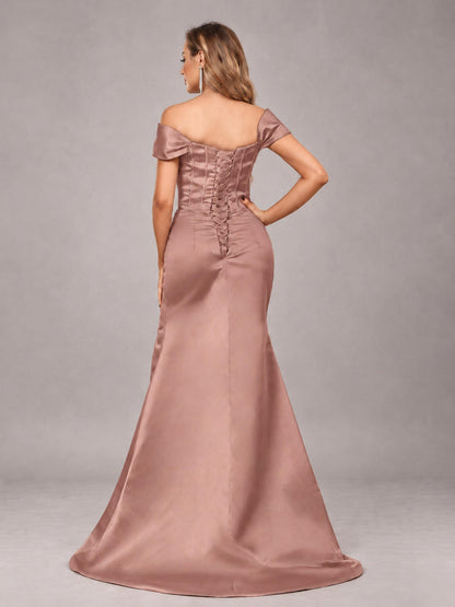 Dusty Rose Elegant Mermaid Off The Shoulder Bridesmaid Dress with Slit