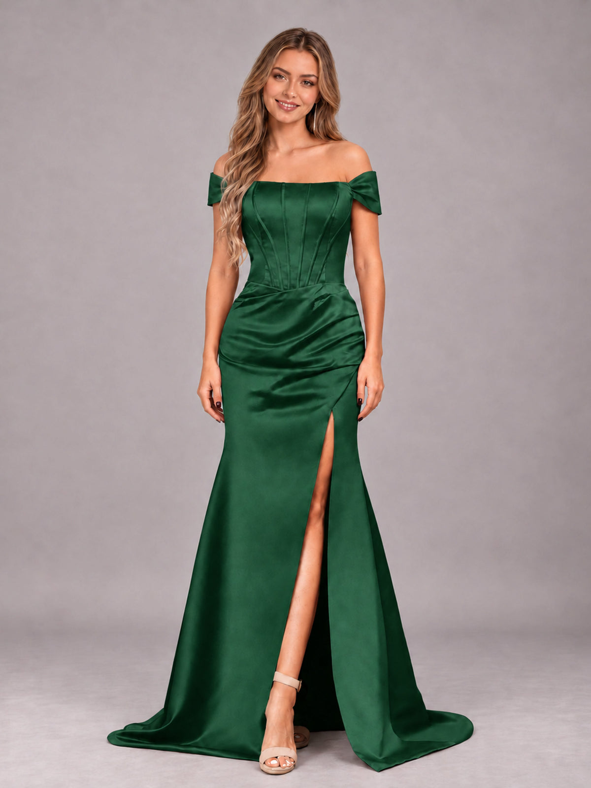 Emerald Green Elegant Mermaid Off The Shoulder Bridesmaid Dress with Slit