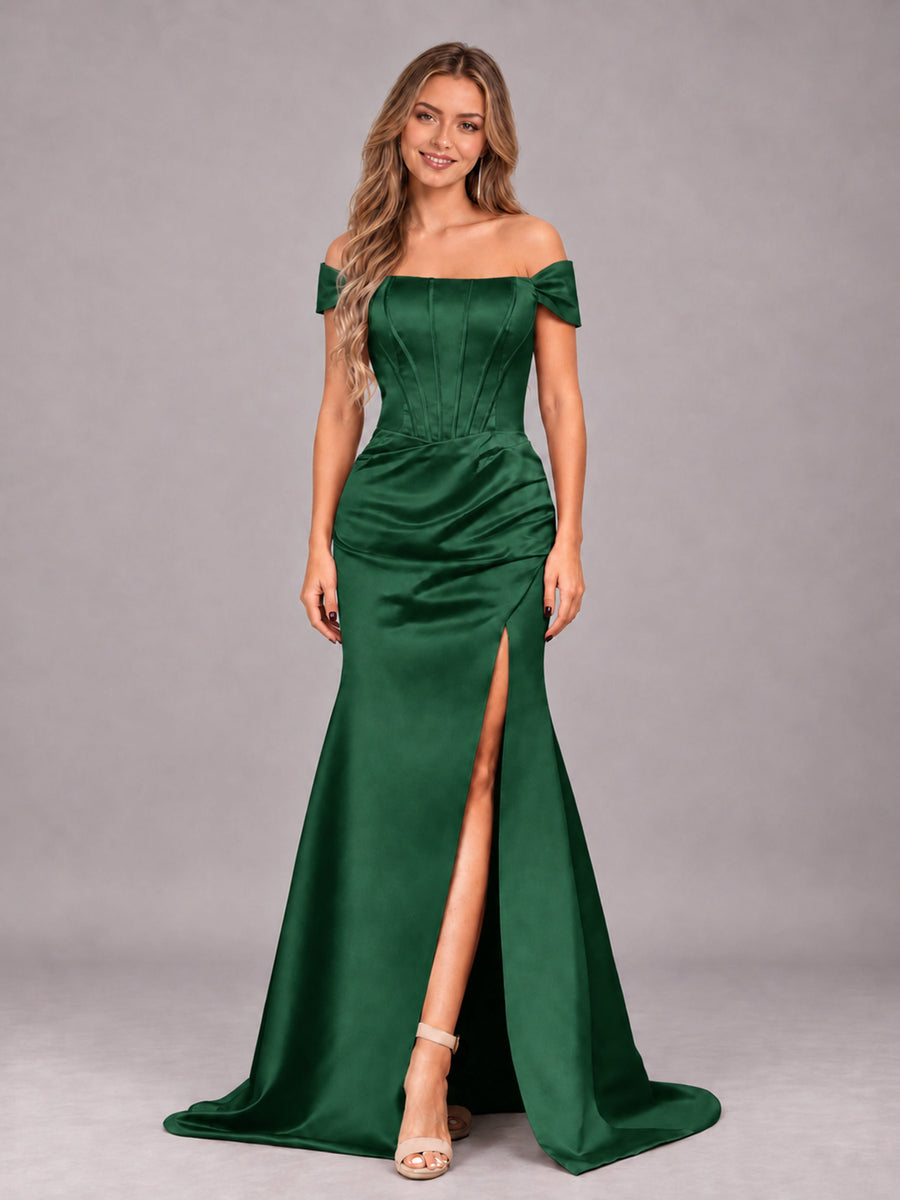 Emerald Green Elegant Mermaid Off The Shoulder Bridesmaid Dress with Slit