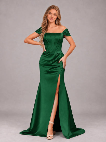 Emerald Green Elegant Mermaid Off The Shoulder Bridesmaid Dress with Slit