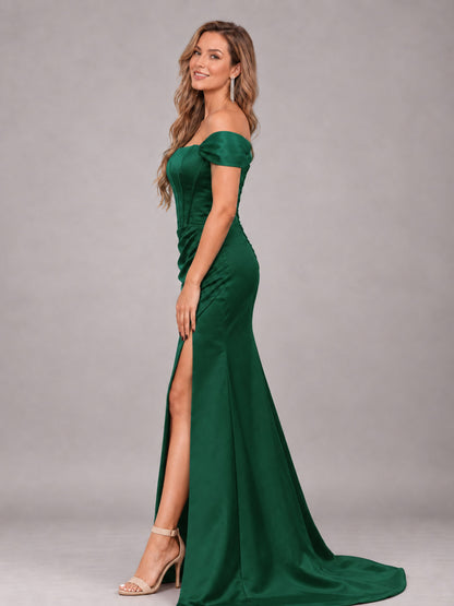 Emerald Green Elegant Mermaid Off The Shoulder Bridesmaid Dress with Slit