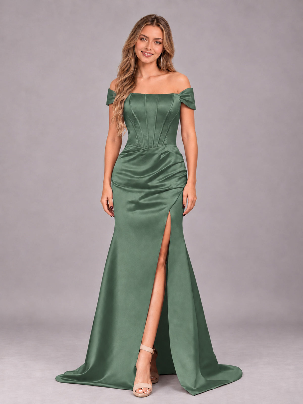 Eucalyptus Elegant Mermaid Off The Shoulder Bridesmaid Dress with Slit