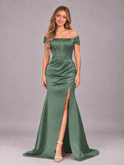 Eucalyptus Elegant Mermaid Off The Shoulder Bridesmaid Dress with Slit