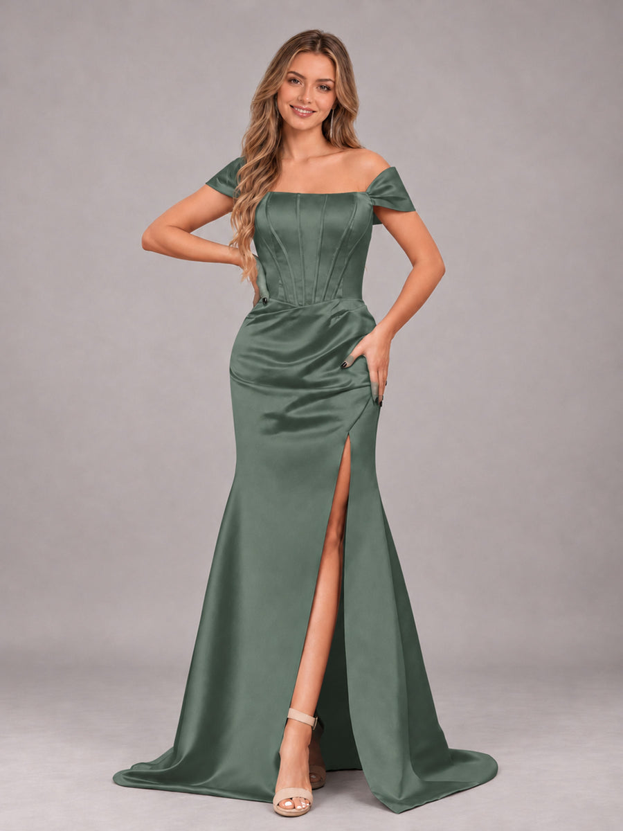 Eucalyptus Elegant Mermaid Off The Shoulder Bridesmaid Dress with Slit