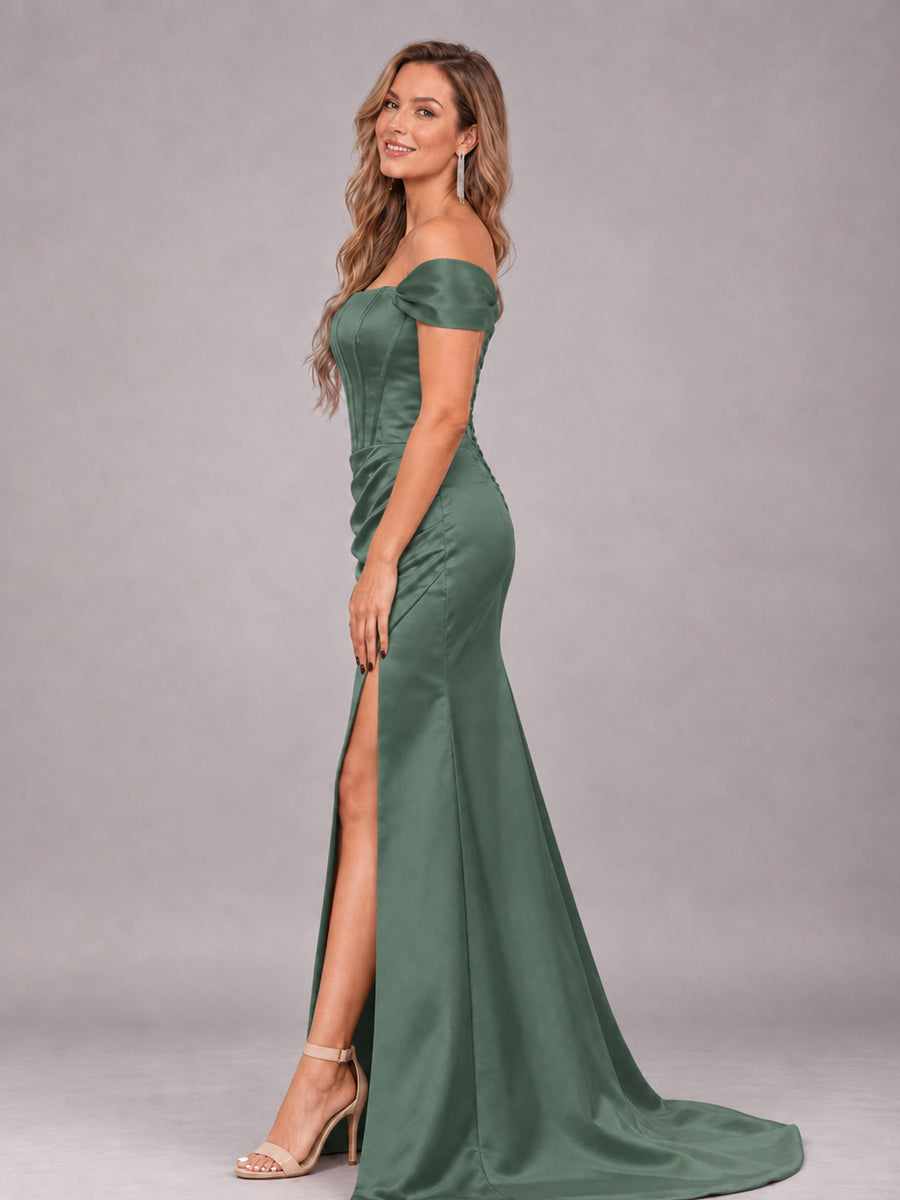 Eucalyptus Elegant Mermaid Off The Shoulder Bridesmaid Dress with Slit