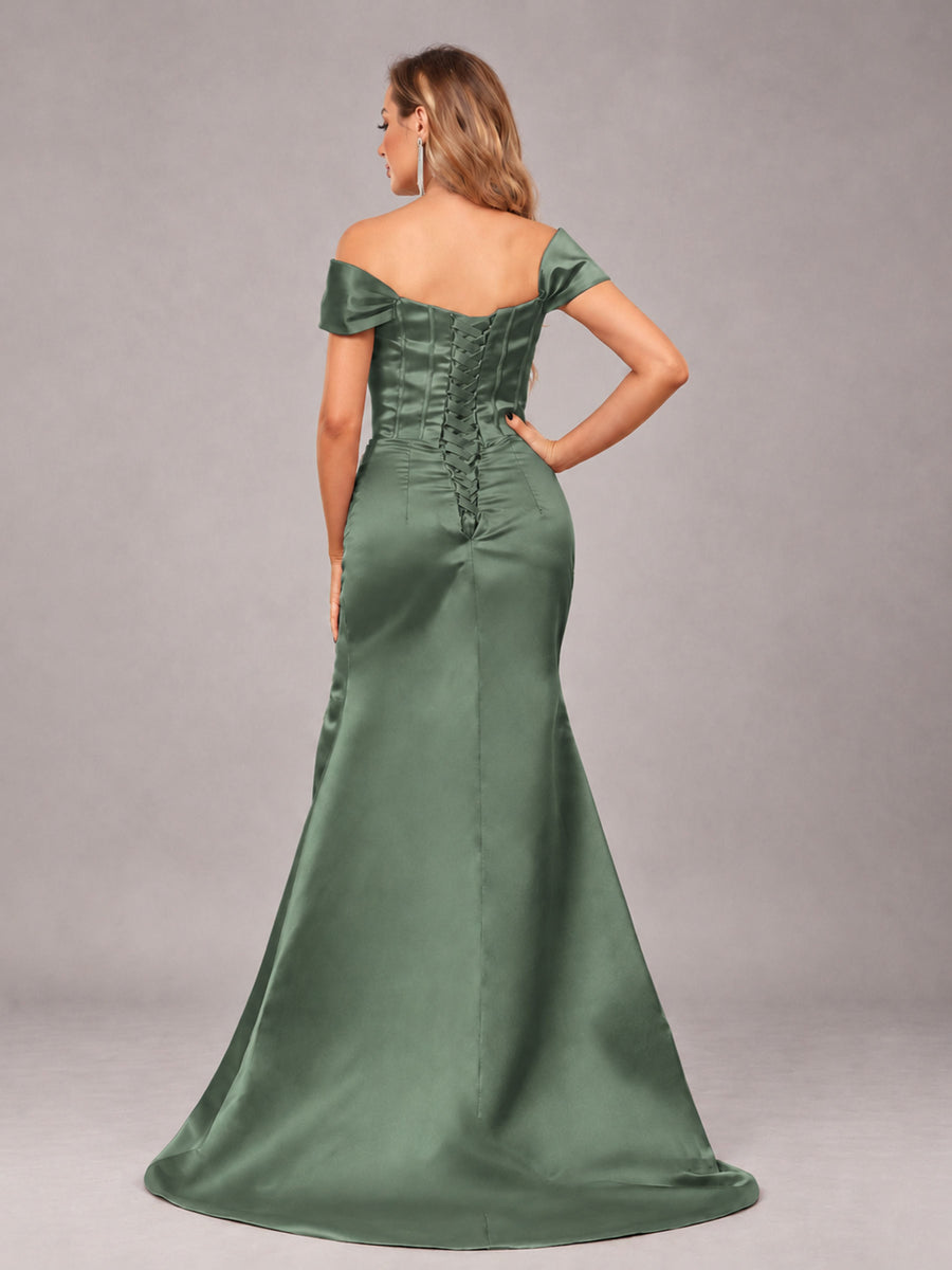 Eucalyptus Elegant Mermaid Off The Shoulder Bridesmaid Dress with Slit