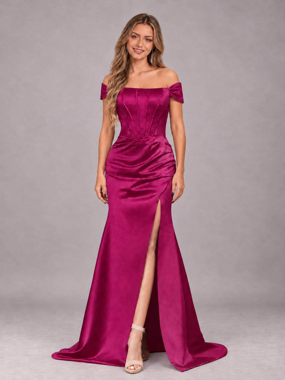 Fuchsia Elegant Mermaid Off The Shoulder Bridesmaid Dress with Slit