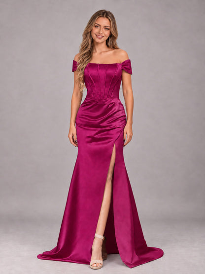 Fuchsia Elegant Mermaid Off The Shoulder Bridesmaid Dress with Slit