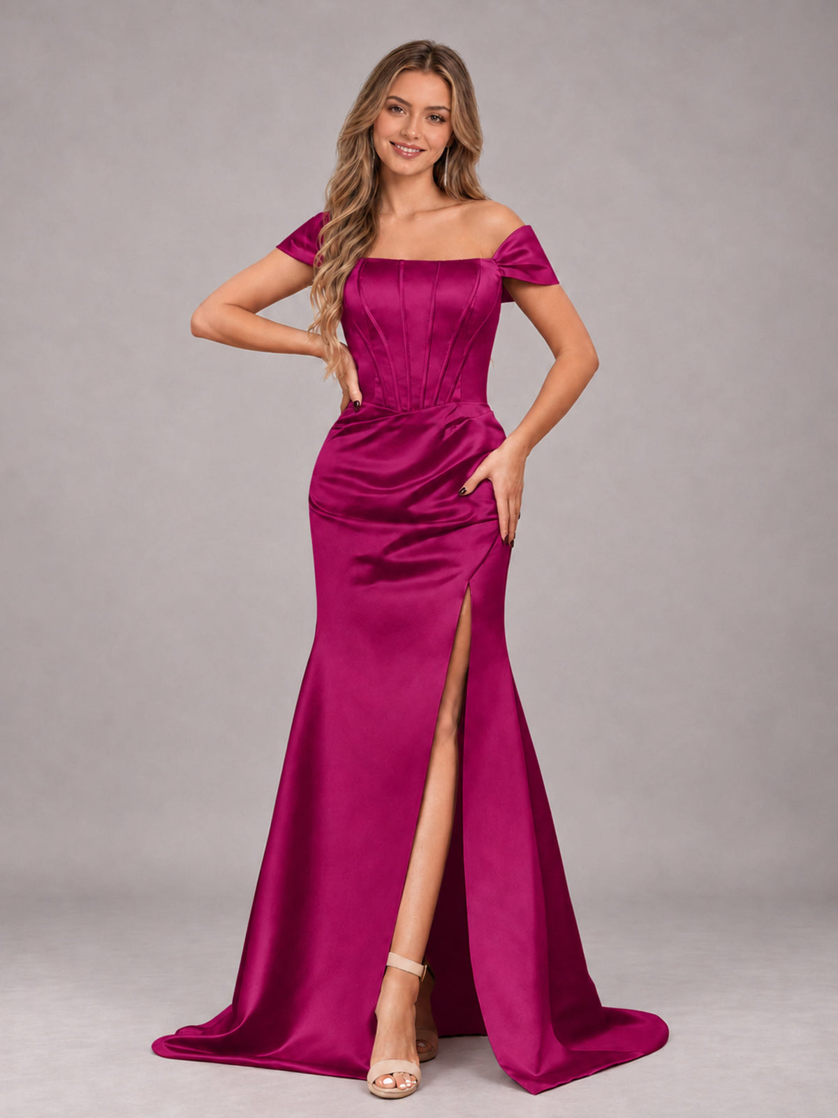 Fuchsia Elegant Mermaid Off The Shoulder Bridesmaid Dress with Slit