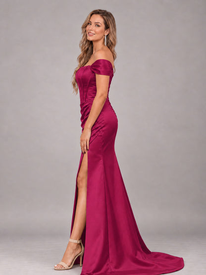 Fuchsia Elegant Mermaid Off The Shoulder Bridesmaid Dress with Slit