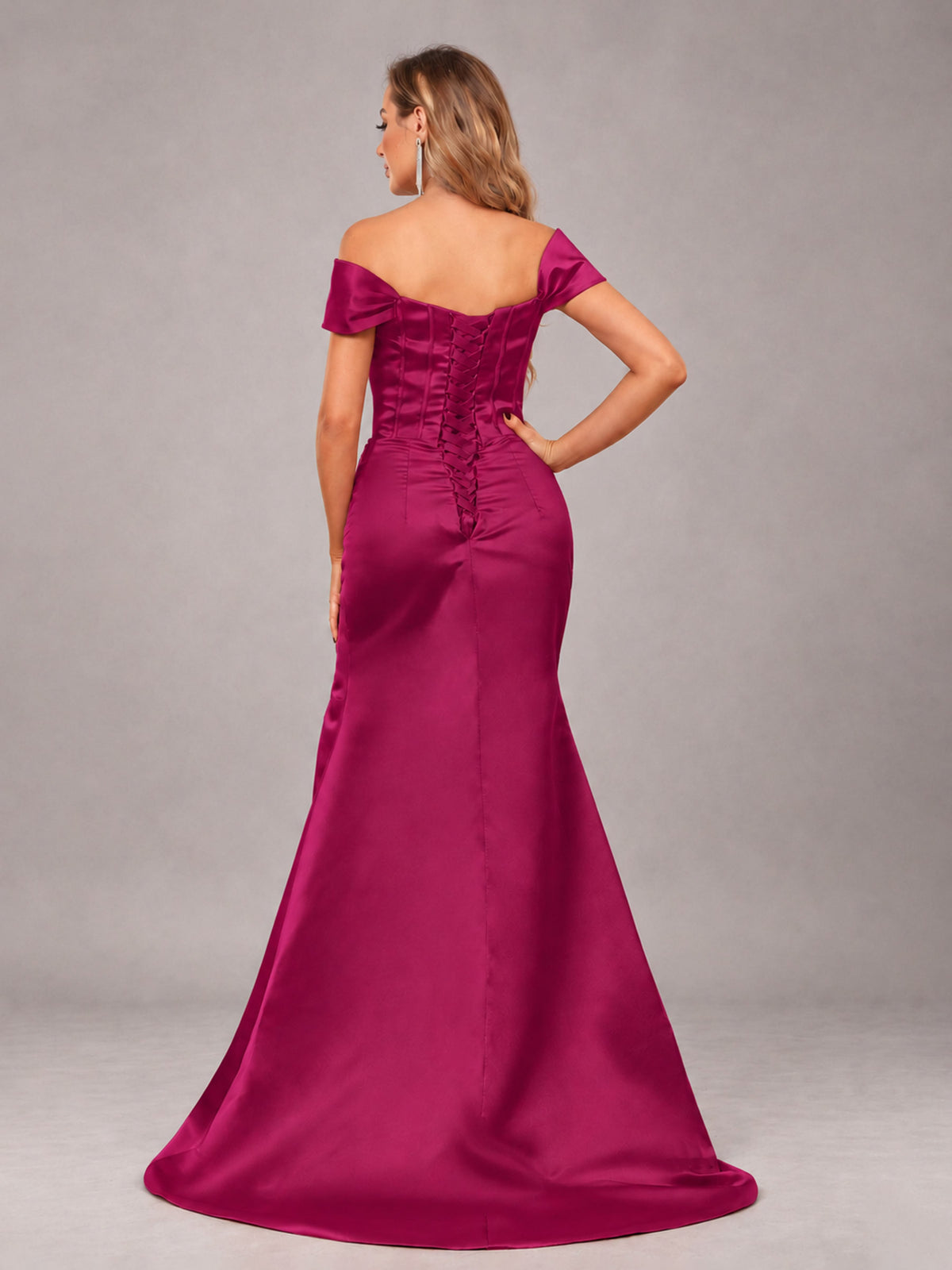 Fuchsia Elegant Mermaid Off The Shoulder Bridesmaid Dress with Slit