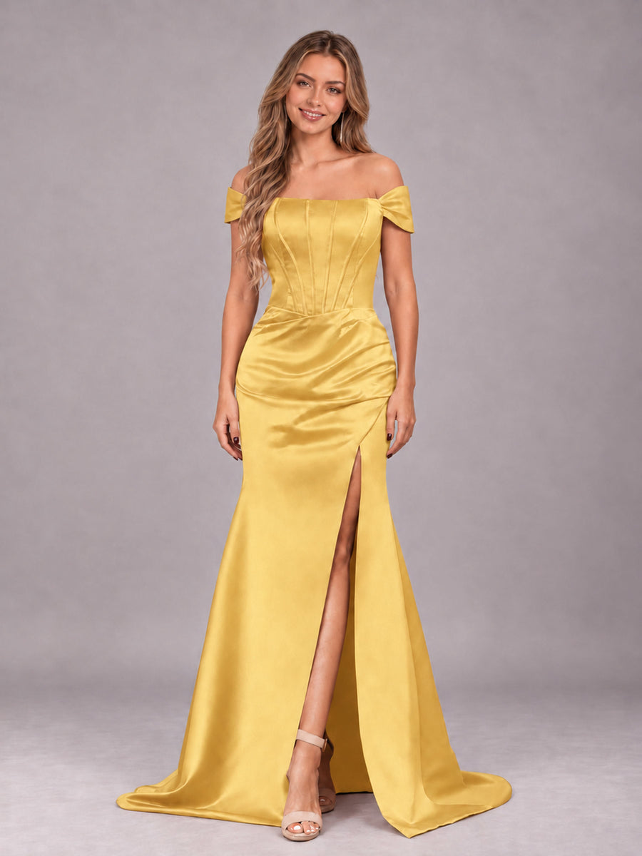 Gold Elegant Mermaid Off The Shoulder Bridesmaid Dress with Slit