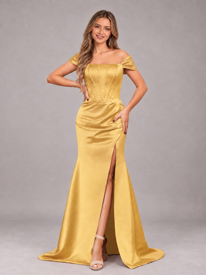 Gold Elegant Mermaid Off The Shoulder Bridesmaid Dress with Slit