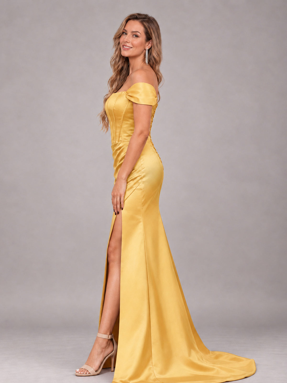 Gold Elegant Mermaid Off The Shoulder Bridesmaid Dress with Slit