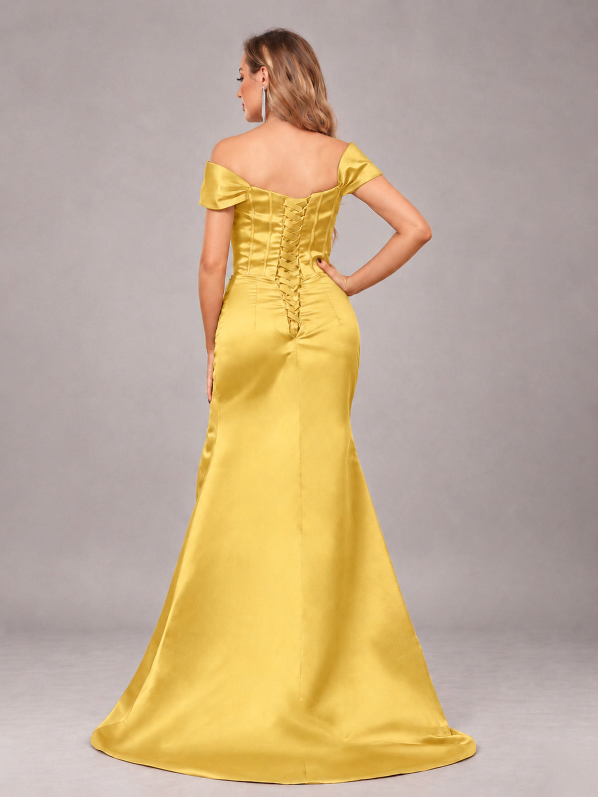 Gold Elegant Mermaid Off The Shoulder Bridesmaid Dress with Slit