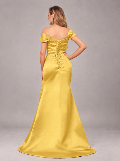 Gold Elegant Mermaid Off The Shoulder Bridesmaid Dress with Slit
