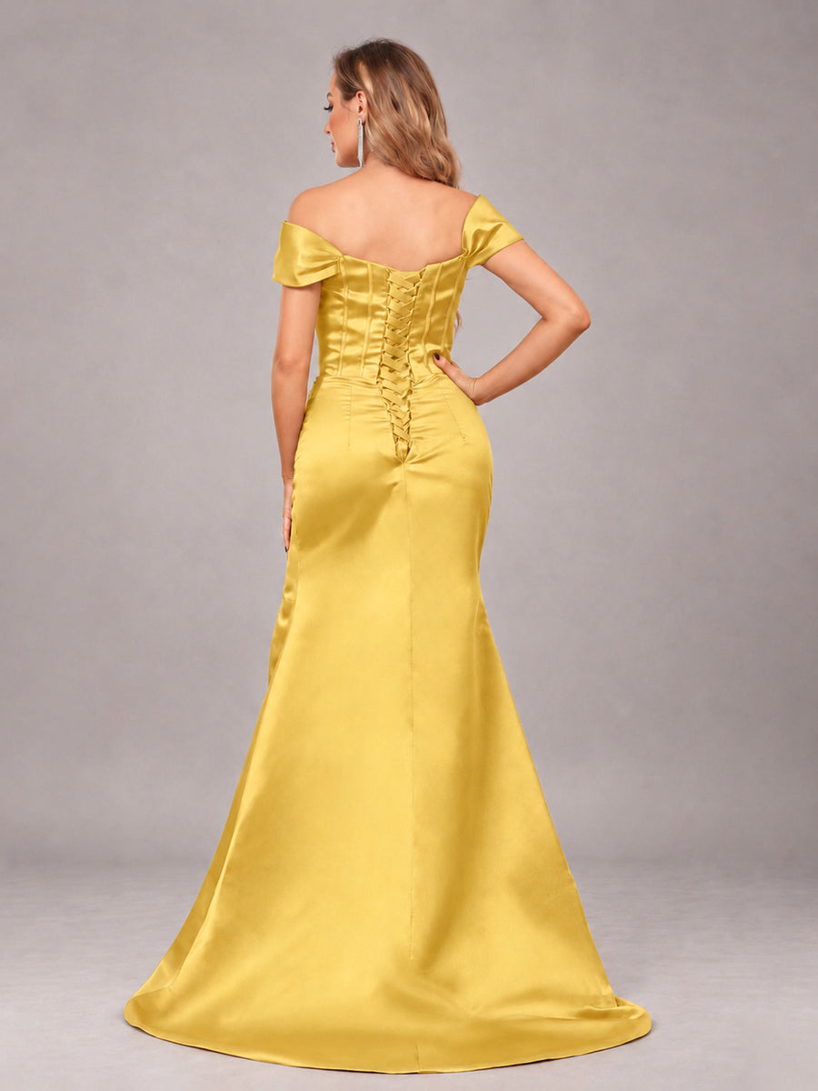 Gold Elegant Mermaid Off The Shoulder Bridesmaid Dress with Slit