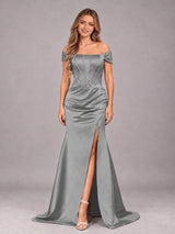 Elegant Mermaid Off The Shoulder Bridesmaid Dress with Slit