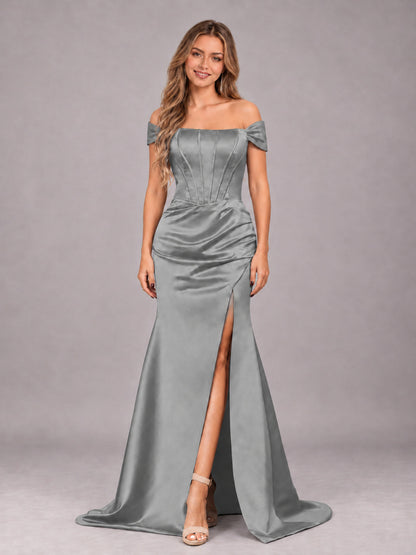 Grey Elegant Mermaid Off The Shoulder Bridesmaid Dress with Slit