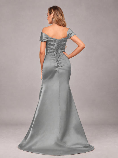 Grey Elegant Mermaid Off The Shoulder Bridesmaid Dress with Slit