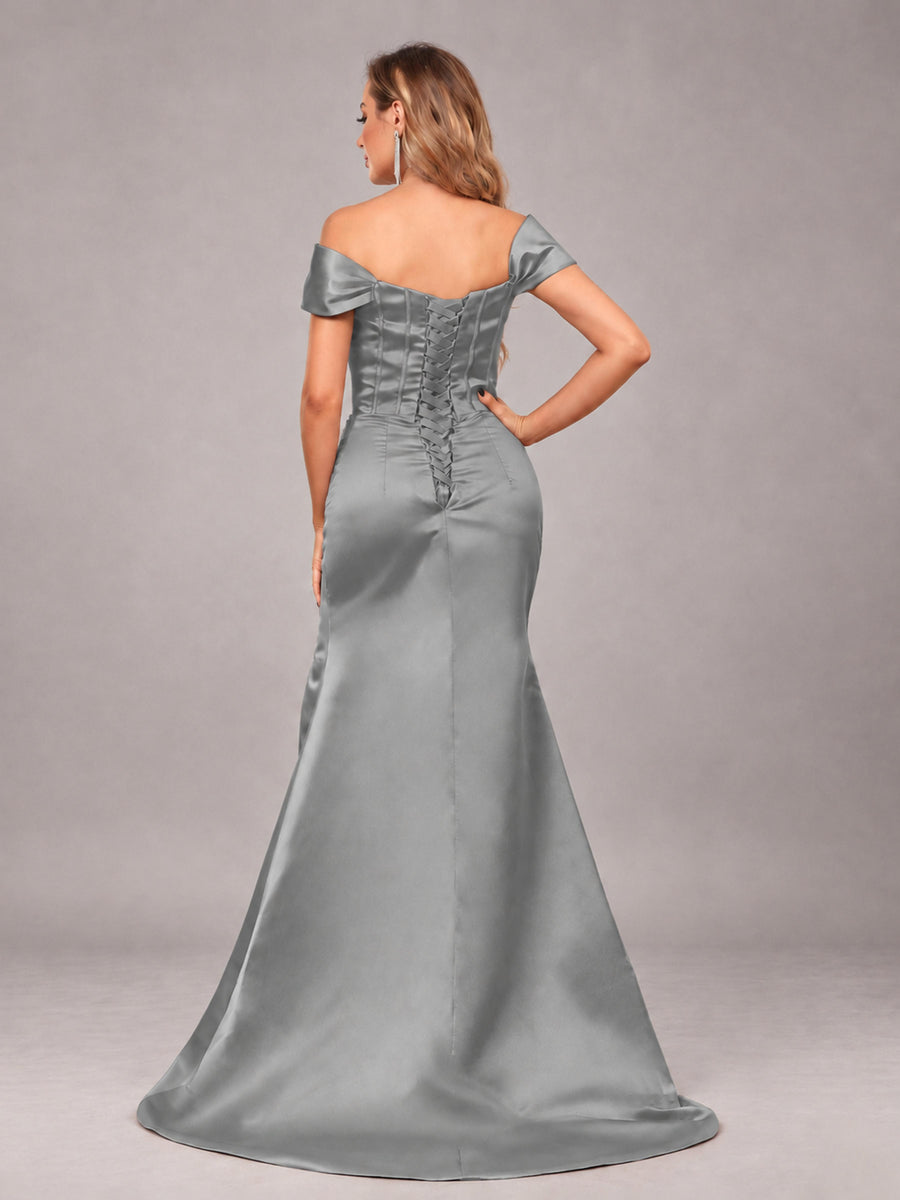 Grey Elegant Mermaid Off The Shoulder Bridesmaid Dress with Slit