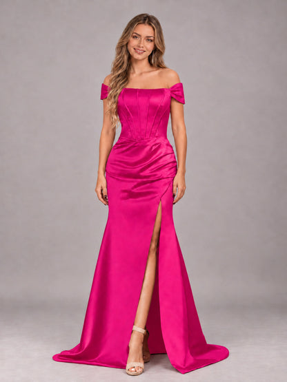 Hot Pink Elegant Mermaid Off The Shoulder Bridesmaid Dress with Slit