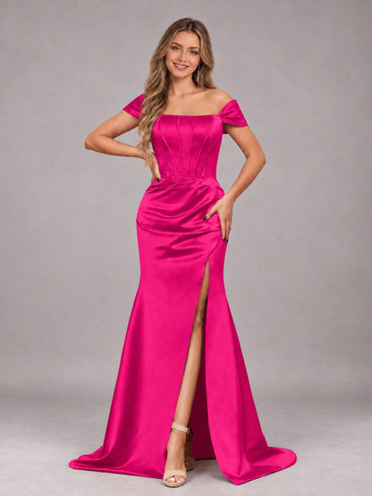Hot Pink Elegant Mermaid Off The Shoulder Bridesmaid Dress with Slit