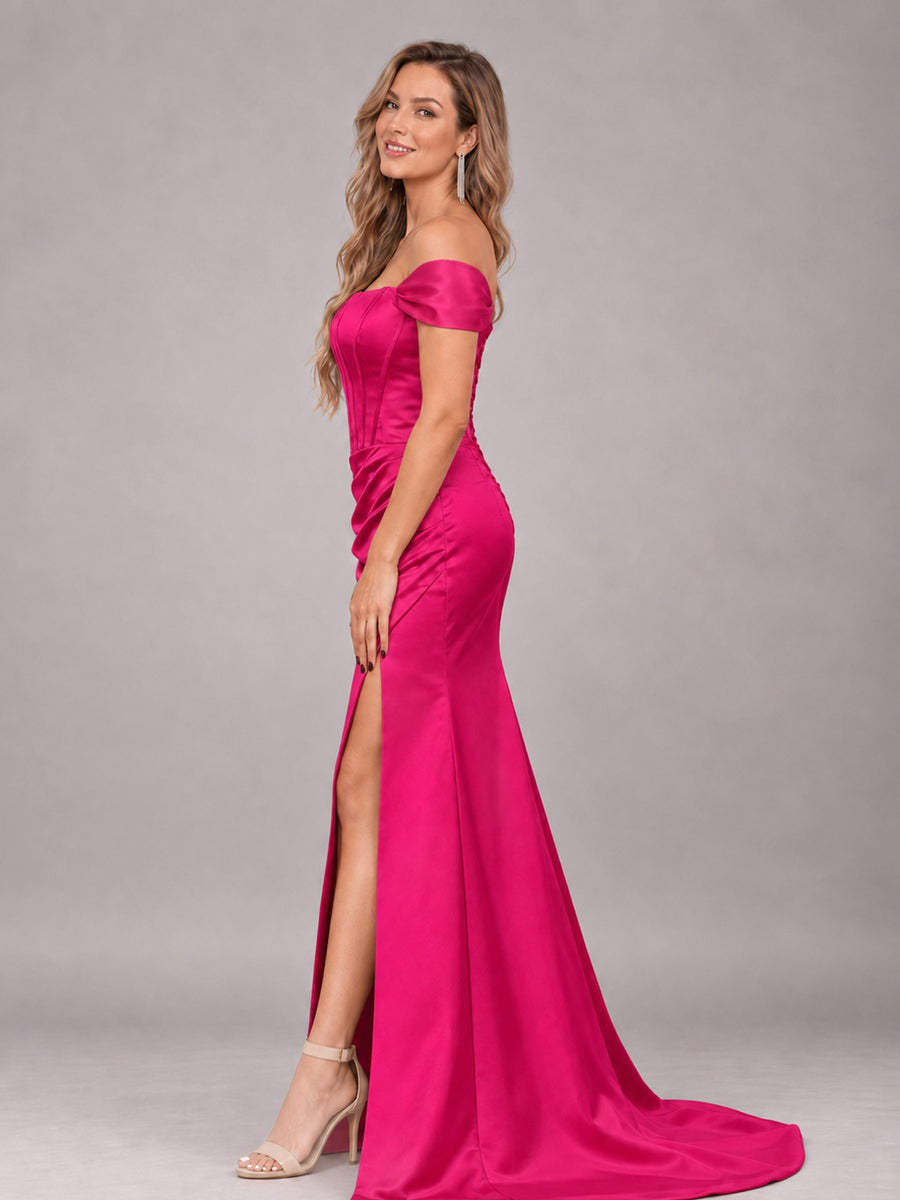 Hot Pink Elegant Mermaid Off The Shoulder Bridesmaid Dress with Slit