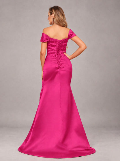 Hot Pink Elegant Mermaid Off The Shoulder Bridesmaid Dress with Slit