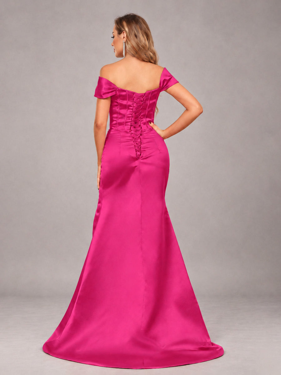 Hot Pink Elegant Mermaid Off The Shoulder Bridesmaid Dress with Slit